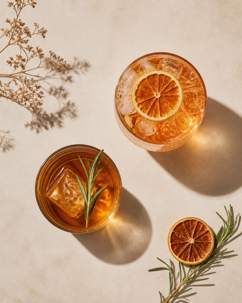 Cocktail botanici con agrumi essiccati e rosmarino, vista dall'alto